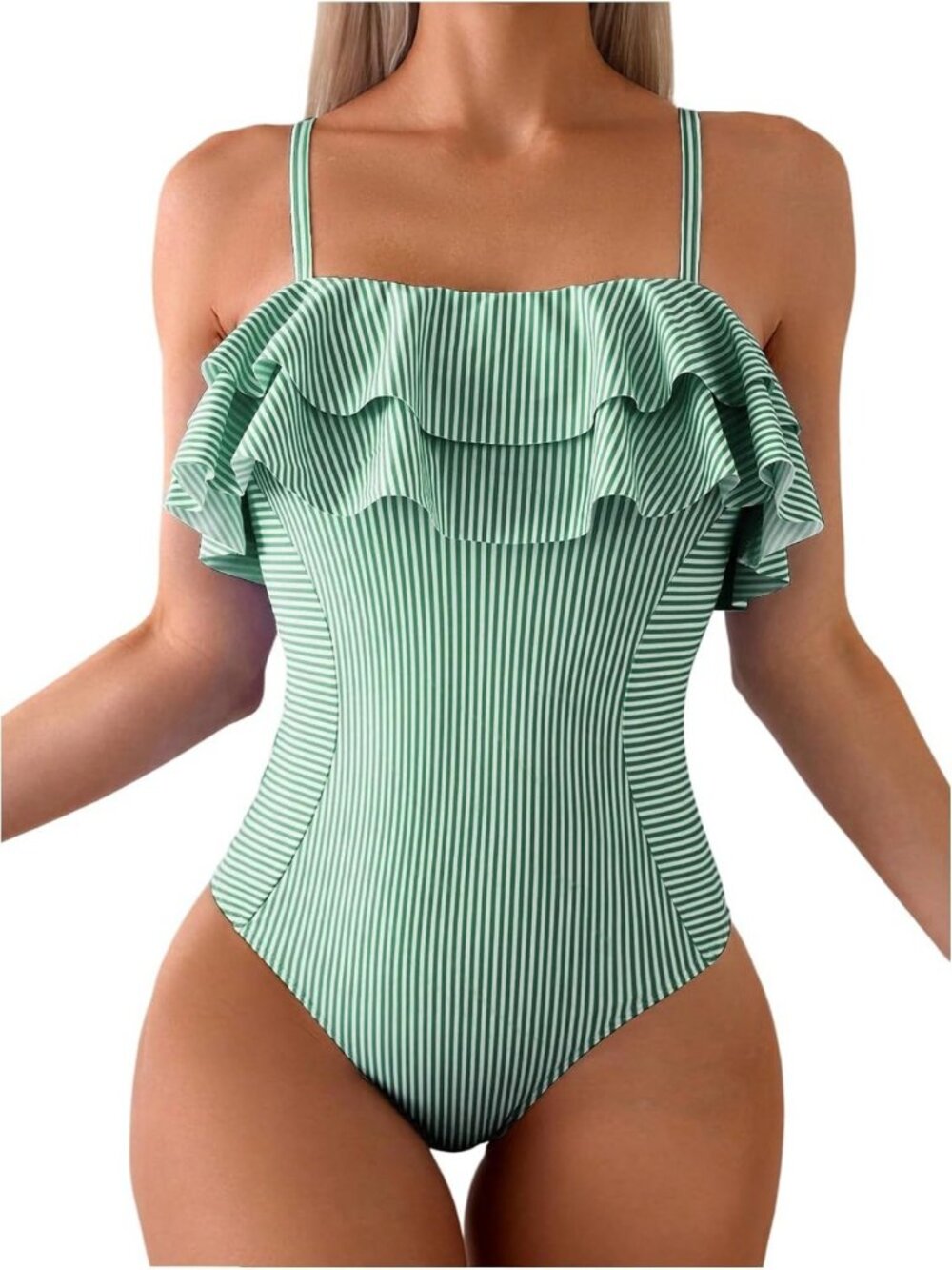 Stylish Ruffle Trim Striped One Piece Monokini Swimsuit for Women - Summer